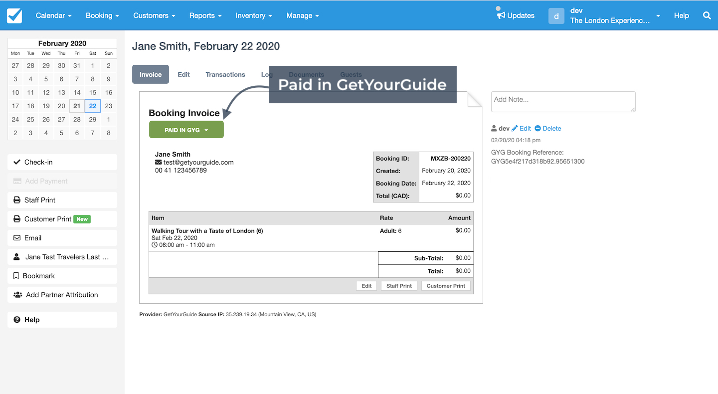Checkfront booking invoice for Jane Smith showing a walking tour with payment status marked as Paid in GetYourGuide.
