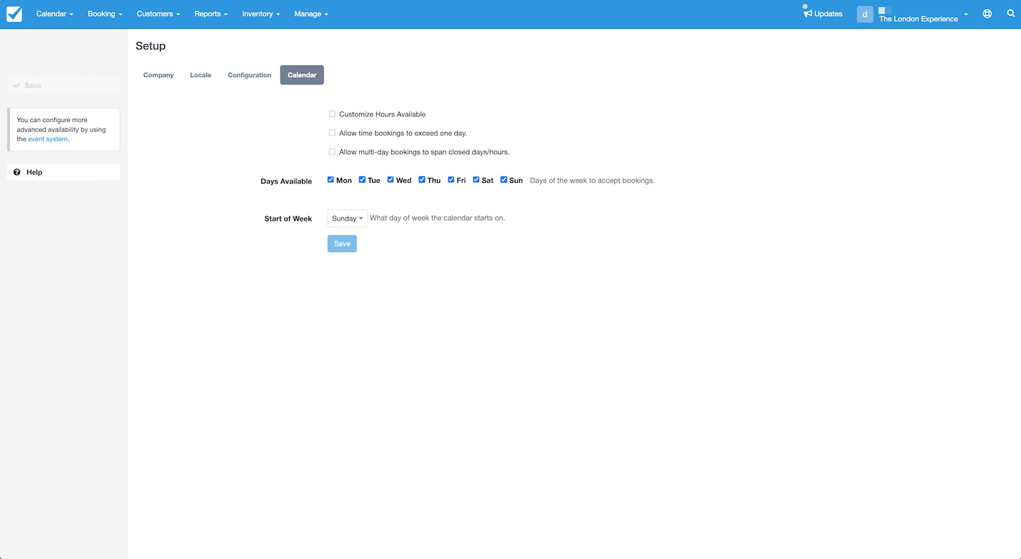 Setup Calendar Days Available