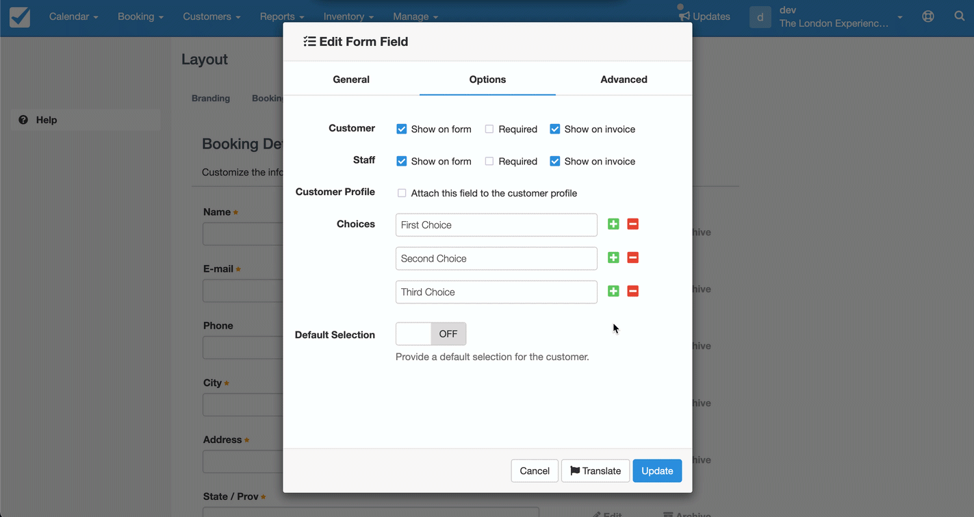 Edit form field animation demonstrating how to adjust customer, staff, profile, and choice settings before saving updates.