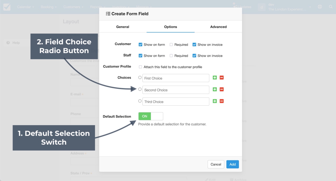 Create form field window showing options to add field choice radio buttons and set a default selection switch.