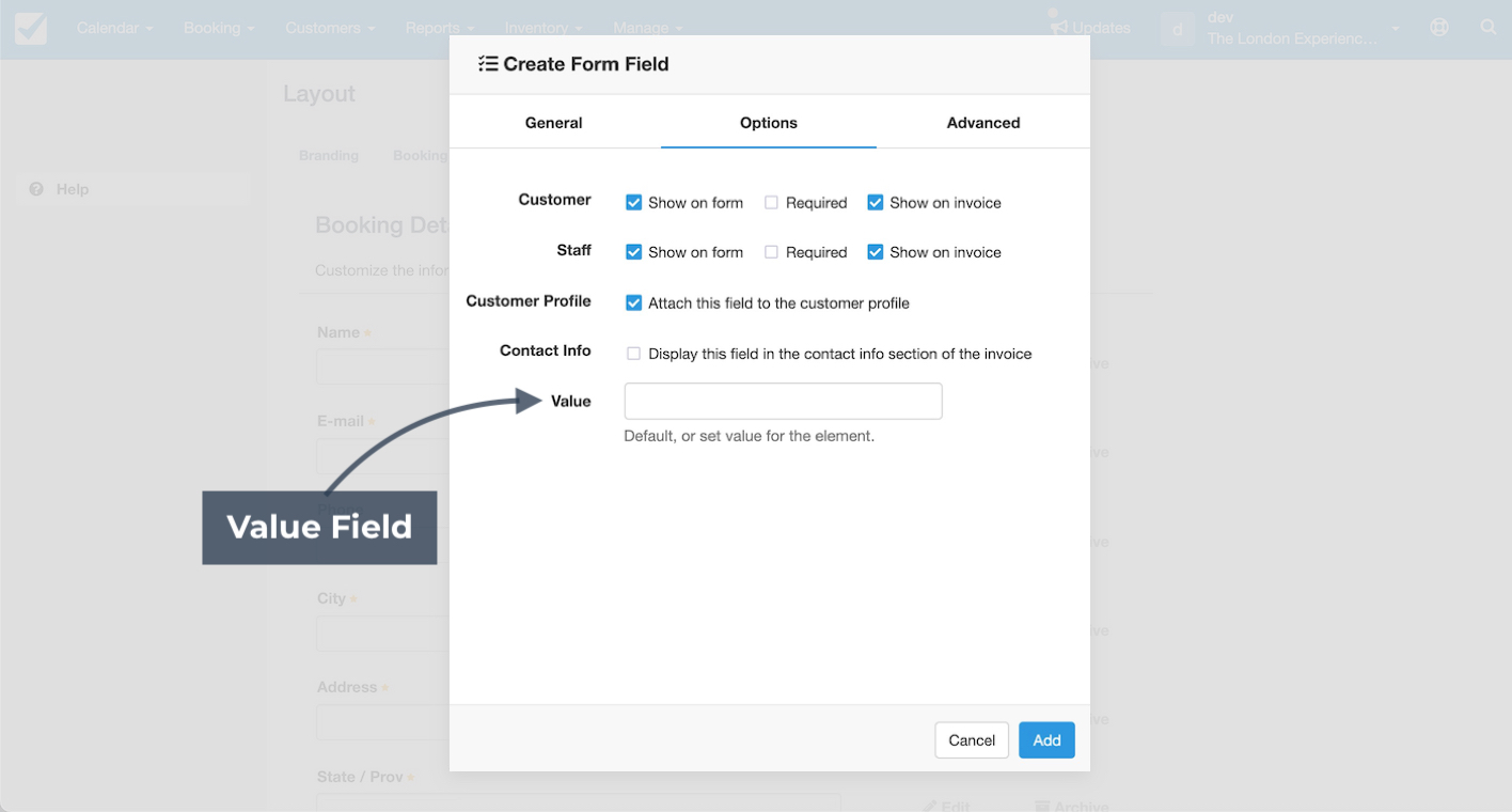 Create form field window with value field highlighted for entering a default or custom value.