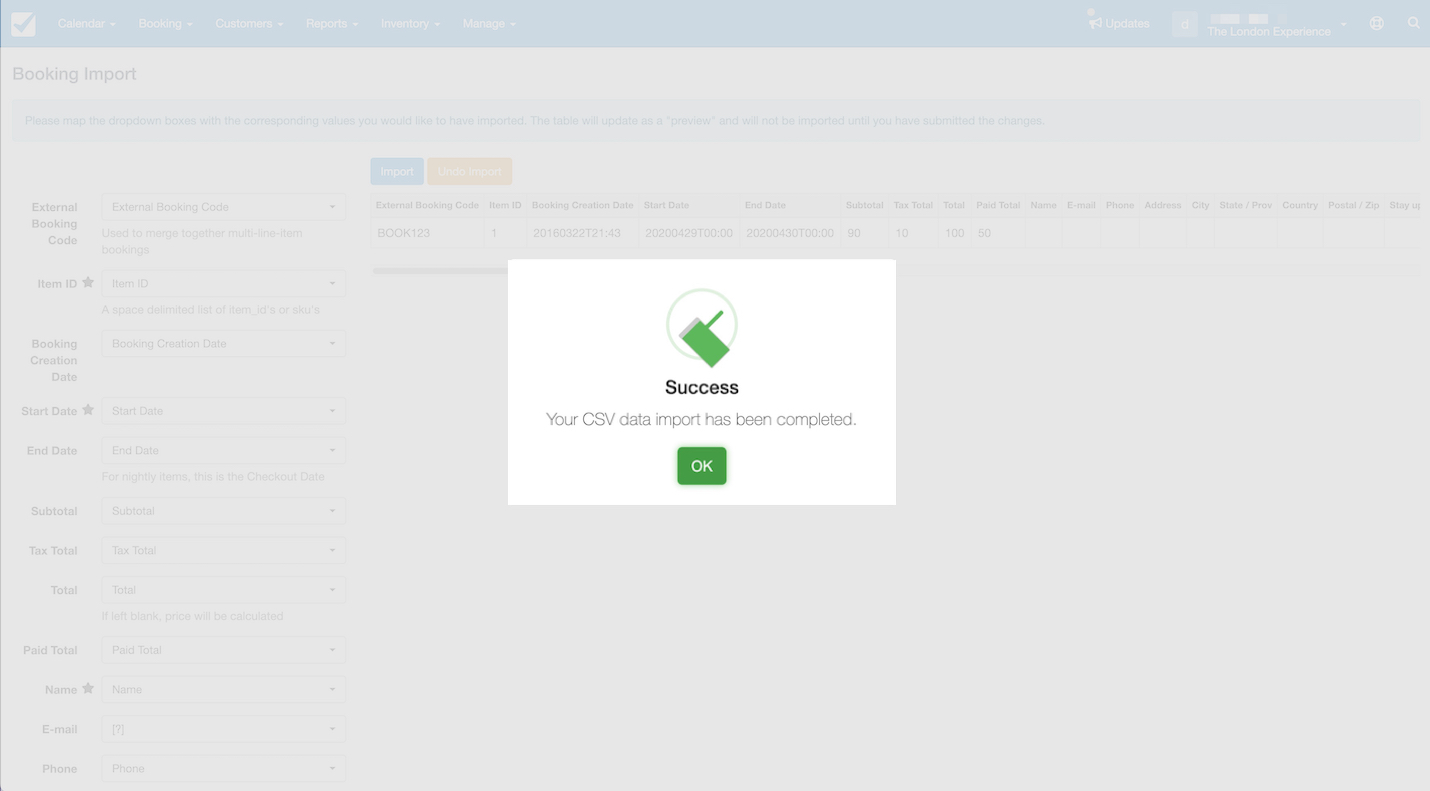 Confirmation message showing successful CSV data import completion with an OK button.