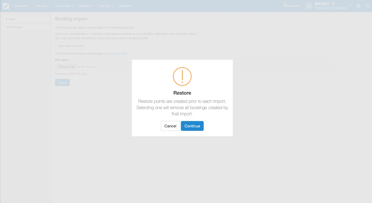Confirmation dialog for restoring bookings showing restore points created prior to each import.