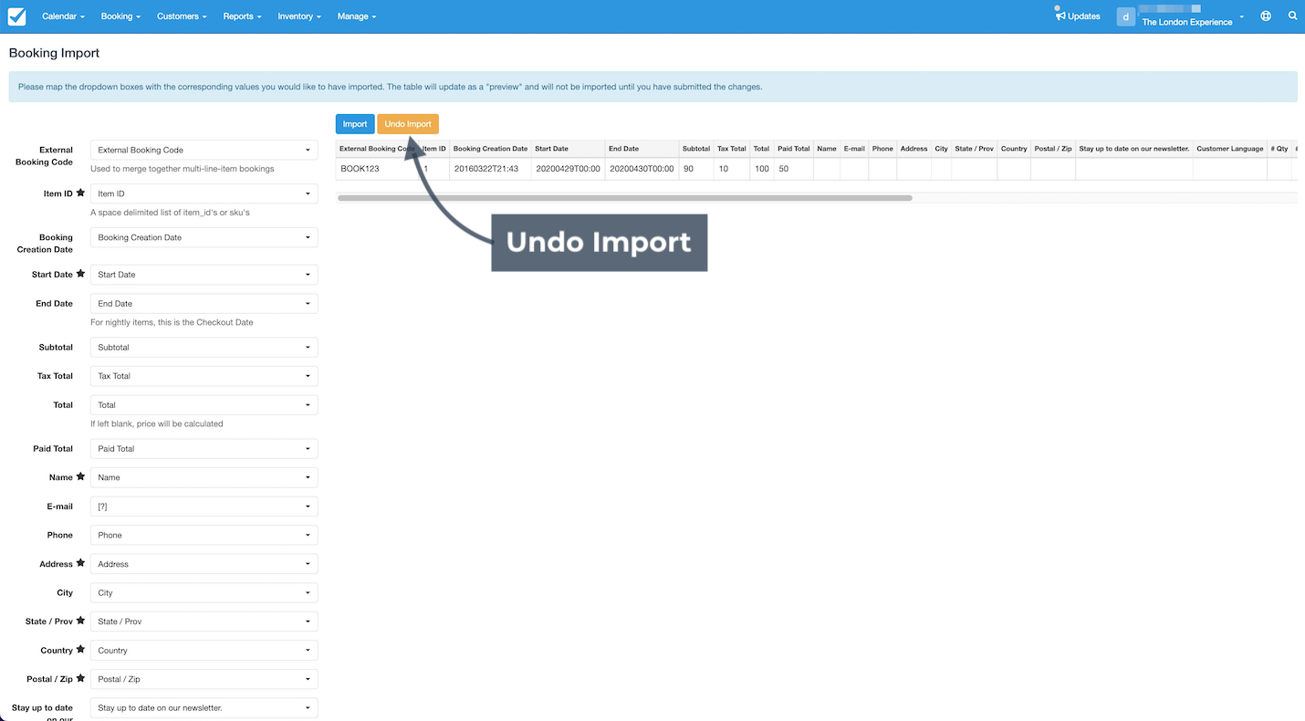 Booking import mapping page highlighting the Undo Import button to remove bookings from the last import.