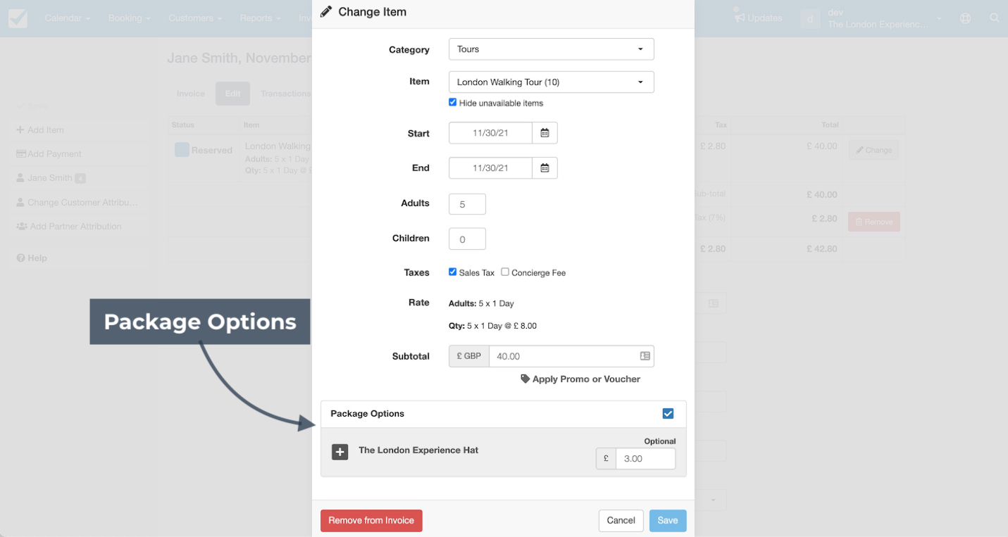 Change item window with package options section highlighted for adding optional extras to a booking.