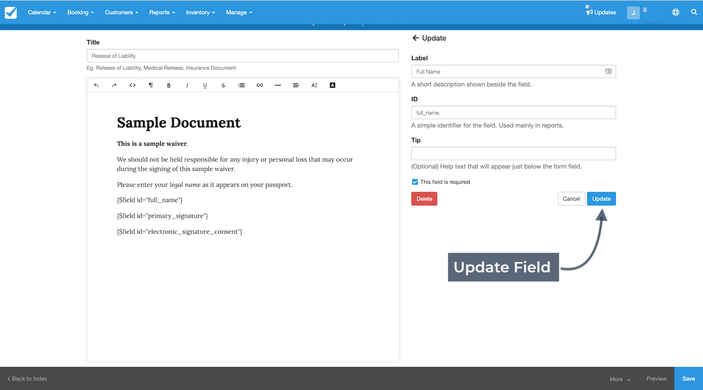 The document editor with the Update panel open allowing changes to the field label, ID, and tip text.