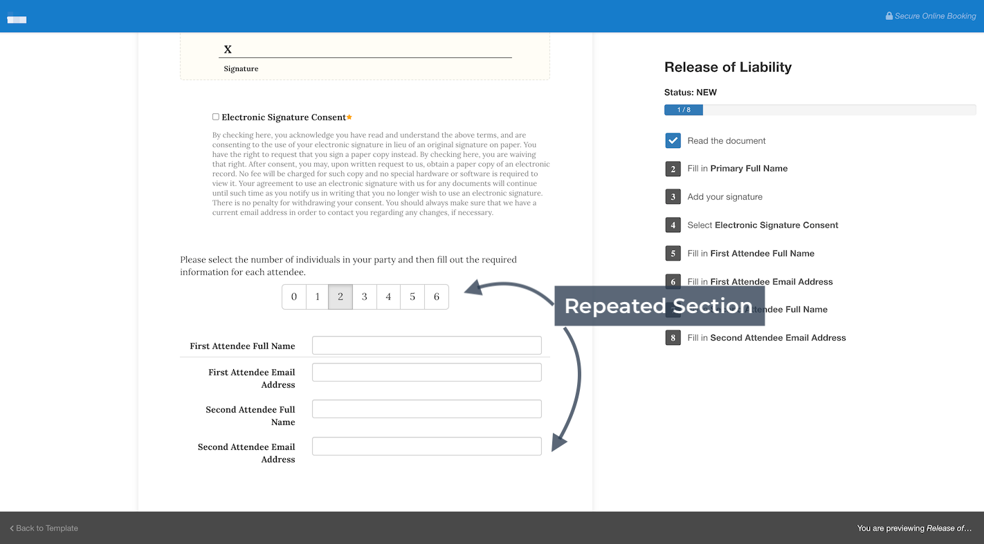 The waiver preview showing a Repeated Section where the number of attendees can be selected and information entered.