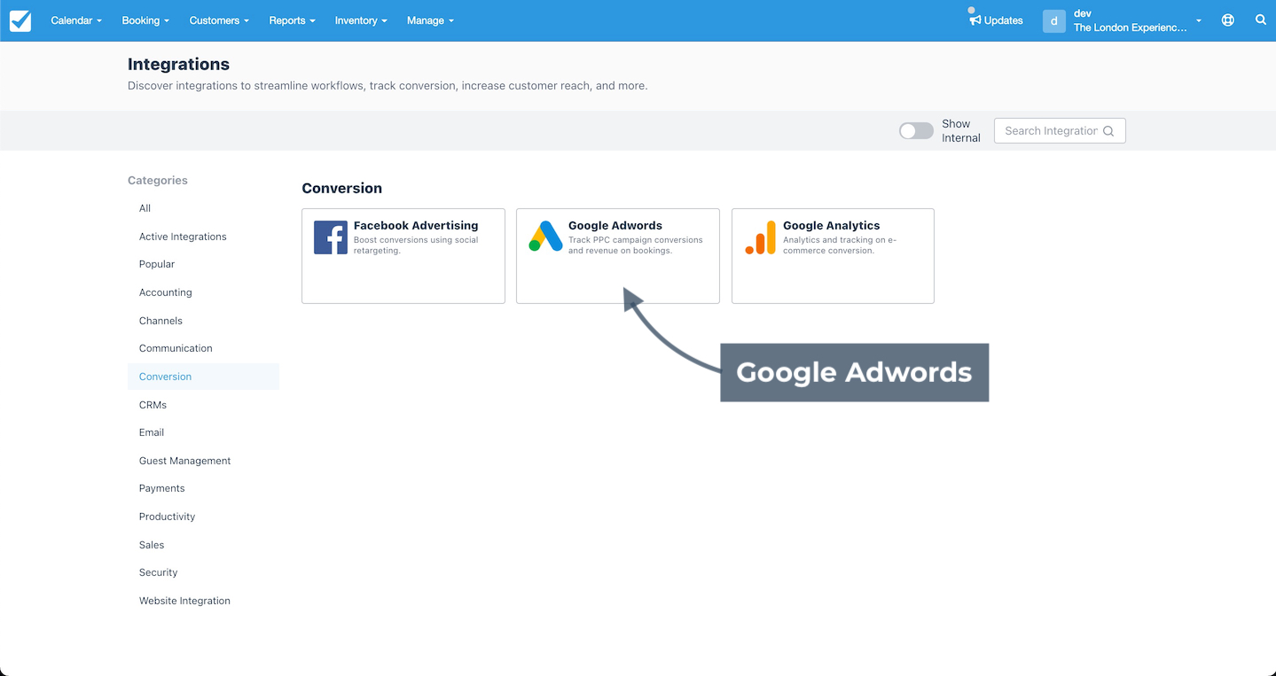 Checkfront integrations page showing Conversion category with Google Adwords option selected.
