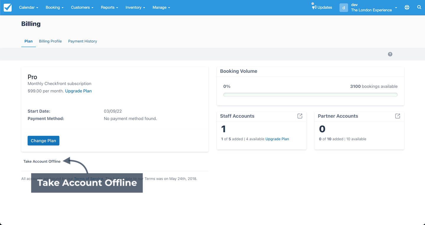 Billing page showing subscription details with an arrow highlighting the option to take the account offline.