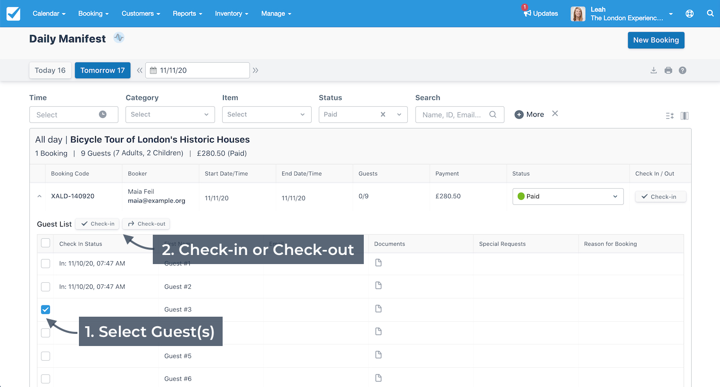 Daily manifest guest list view showing the process to select guests and use the Check-in or Check-out buttons to update their status.