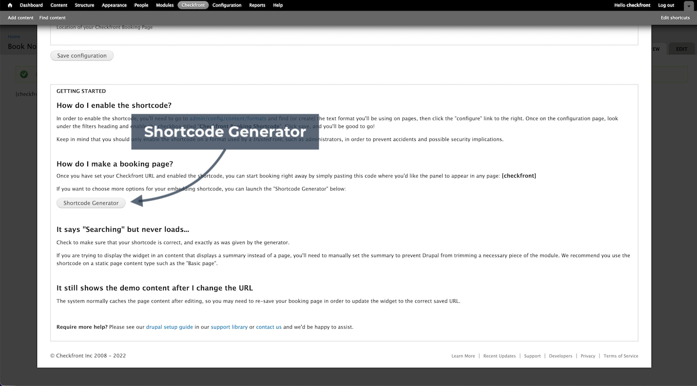 Drupal administration page highlighting the shortcode generator option for creating Checkfront booking page shortcodes.