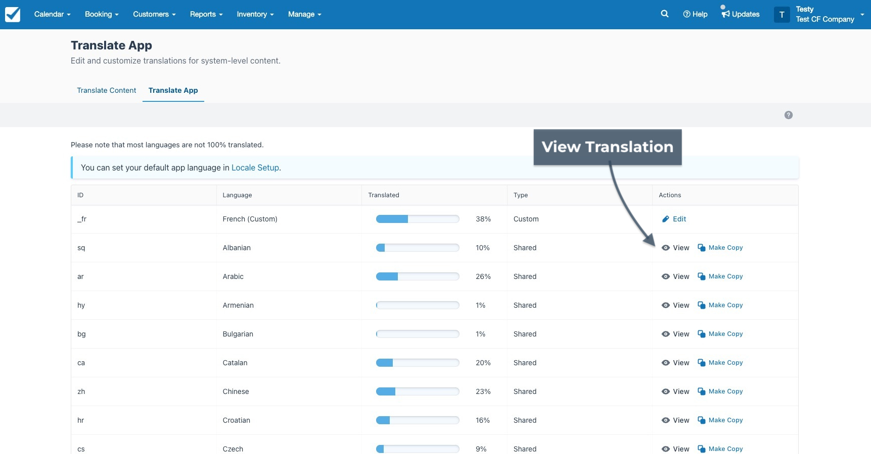 The Translate App page highlights the View Translation option to preview existing translations.