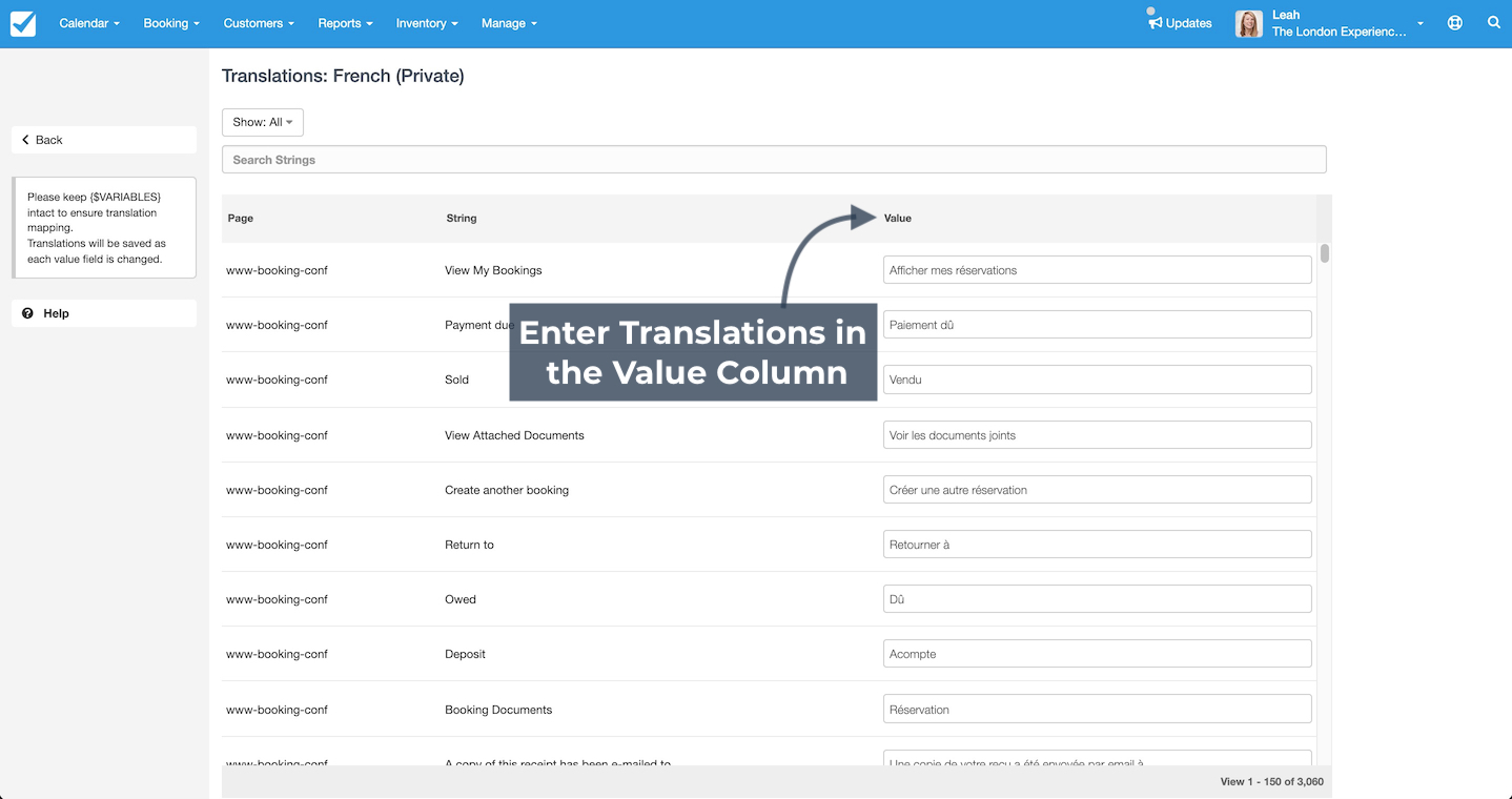 The Translations page shows how to enter translated text in the Value column for each string.