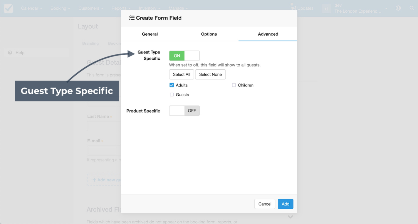 Create form field with guest type specific option turned on to display the field only for selected guest categories.
