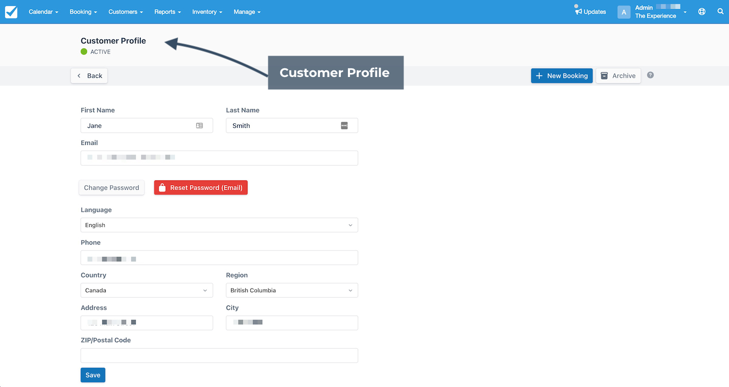 Customer profile page displaying editable customer details including name, email, phone, address, and status.