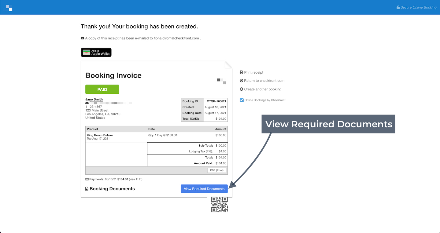 The booking confirmation screen showing the View Required Documents button highlighted to access needed forms.