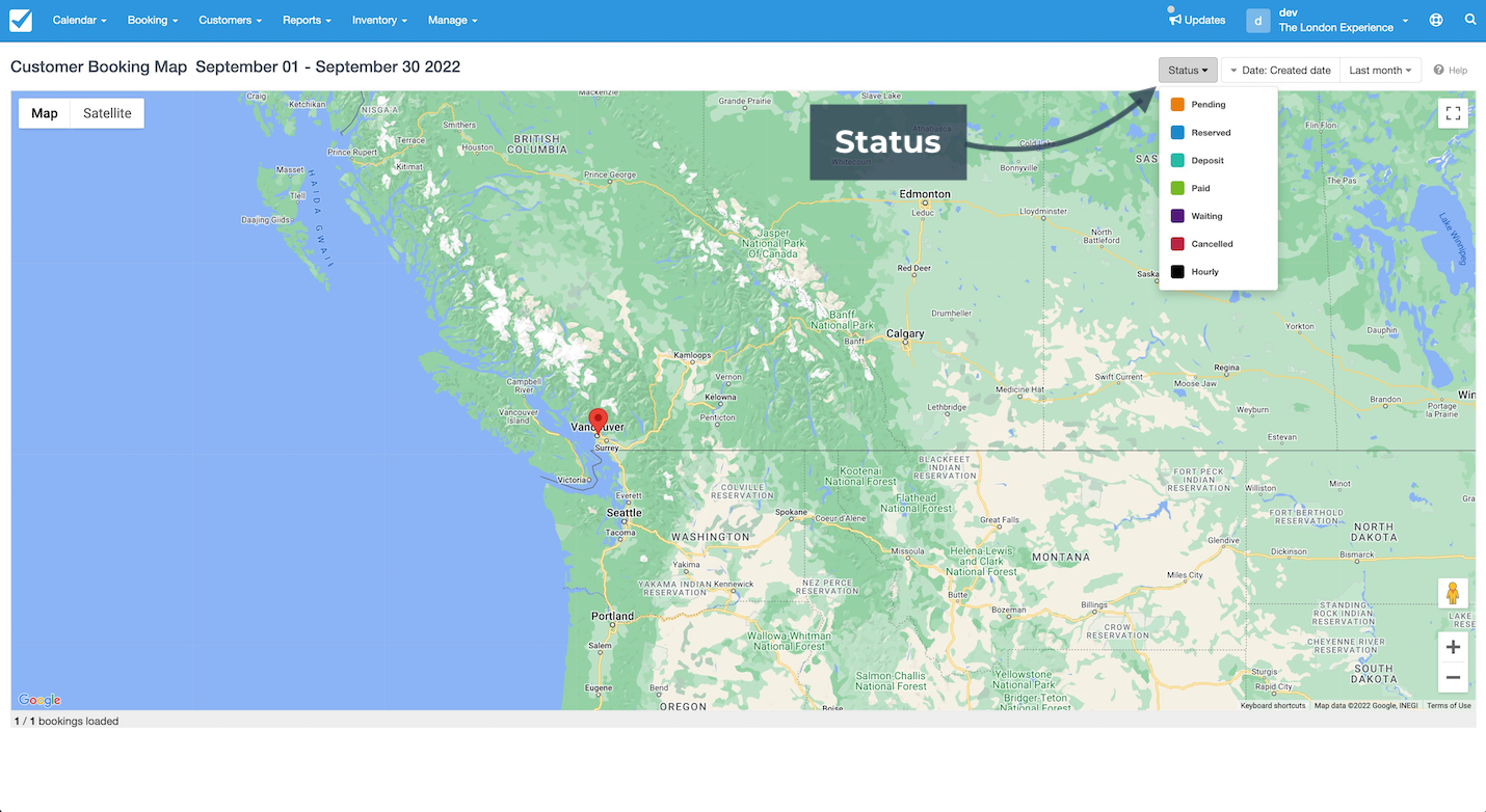 A customer booking map displays a status filter dropdown with color-coded booking statuses such as pending, paid, and cancelled for September 2022.