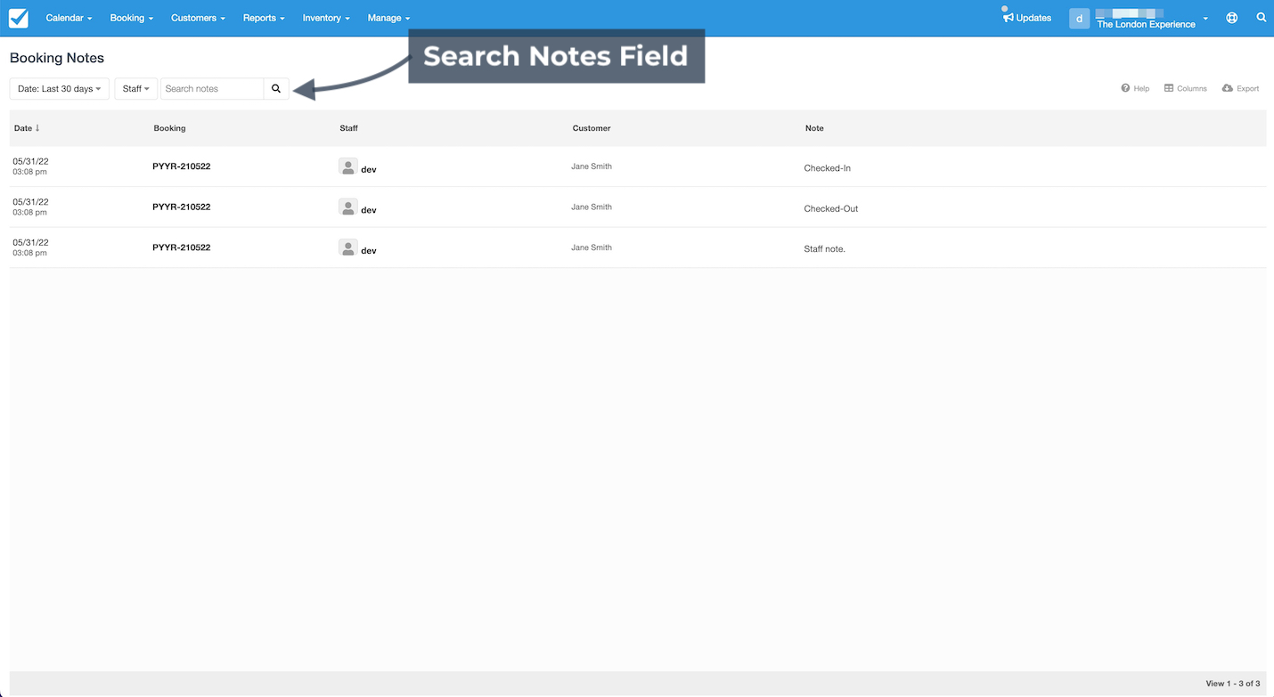 Booking notes screen highlighting the Search Notes Field, which allows staff to quickly locate specific notes by typing keywords.