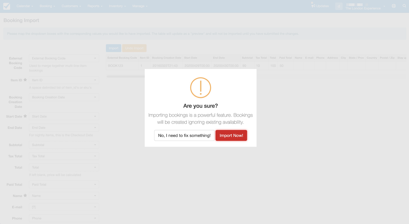 Confirmation dialog asking if the user is sure before importing bookings since it ignores existing availability.