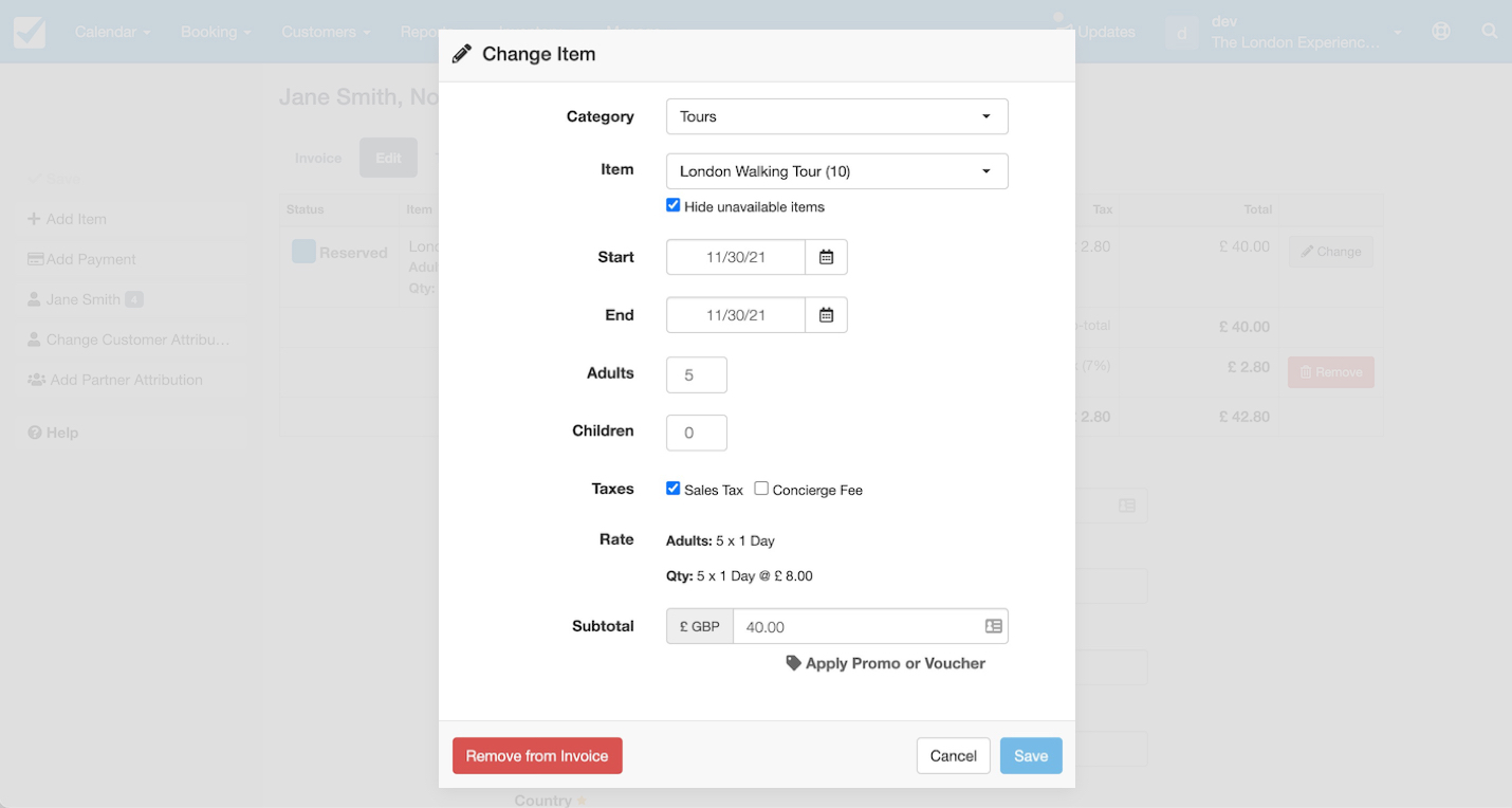 Change item form showing all editable fields for category, item, dates, guest counts, taxes, and subtotal.