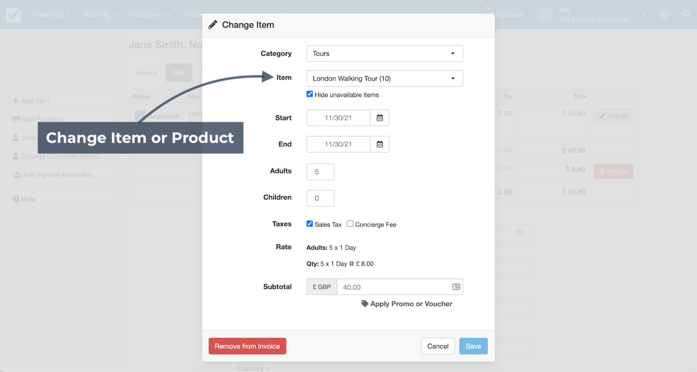 Change item form with the item dropdown highlighted to select or change the product.