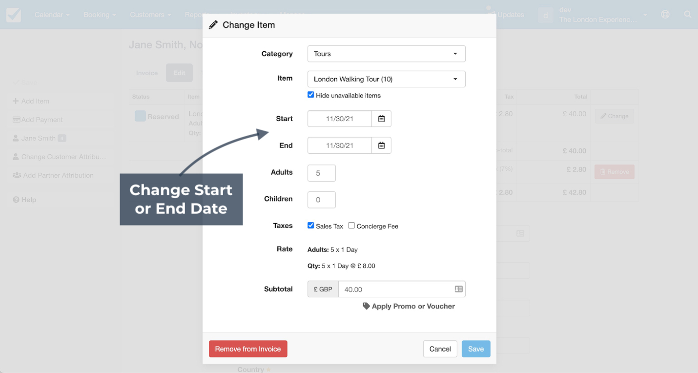 Change item form with the start and end date fields highlighted to update booking dates.