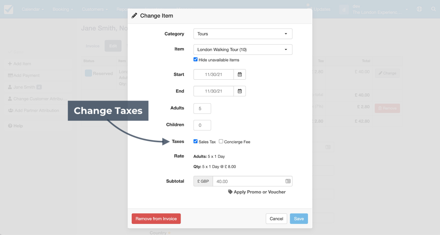 Change item form with the taxes section highlighted to adjust applicable sales tax or fees.