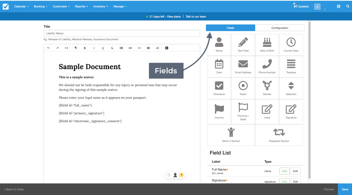 The document editor with the Fields tab highlighted showing available field types to insert into the template.