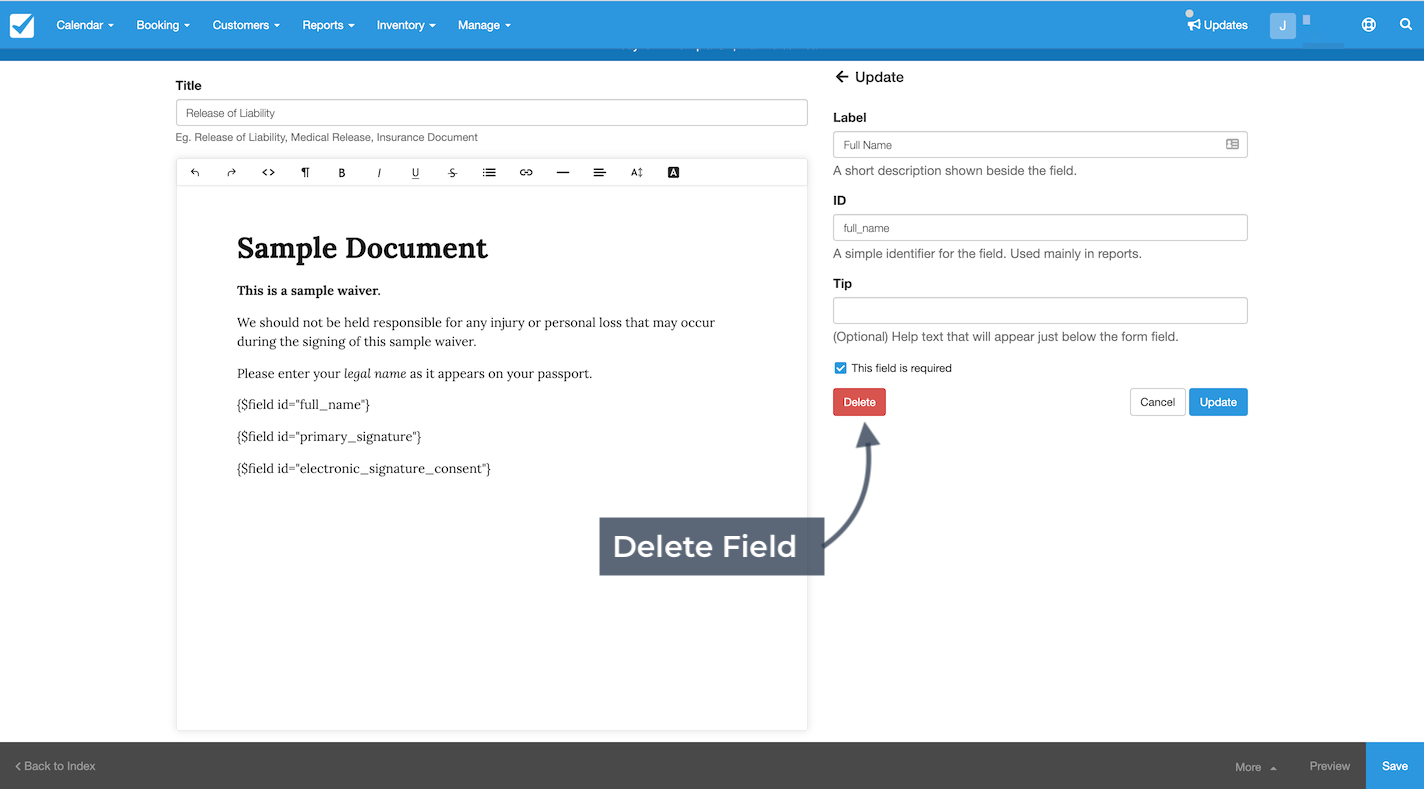 The document editor with the Update panel open and the Delete button highlighted to remove a field.