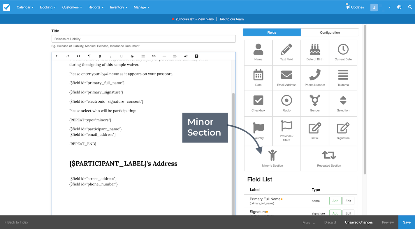 The document editor with the Minor Section field type highlighted for inserting minor participant information.