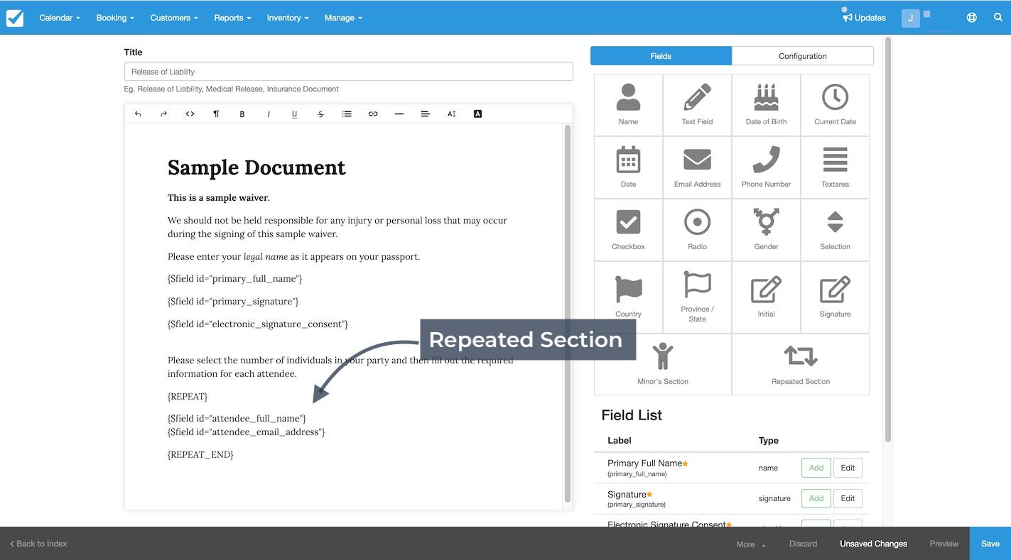 The document editor with a Repeated Section inserted to collect attendee full name and email address for each participant.