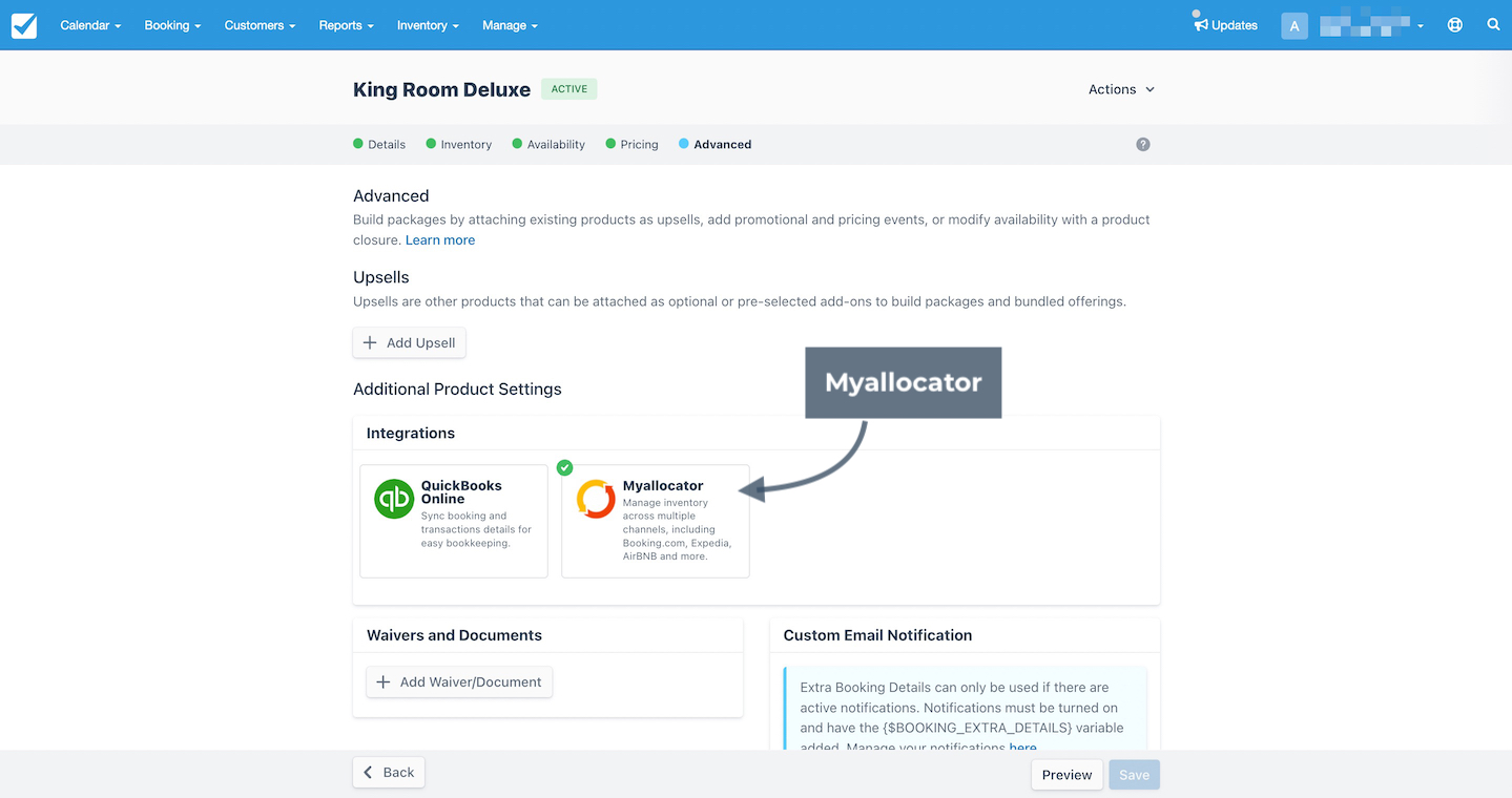 King Room Deluxe product Advanced tab highlighting Myallocator integration under Additional Product Settings.