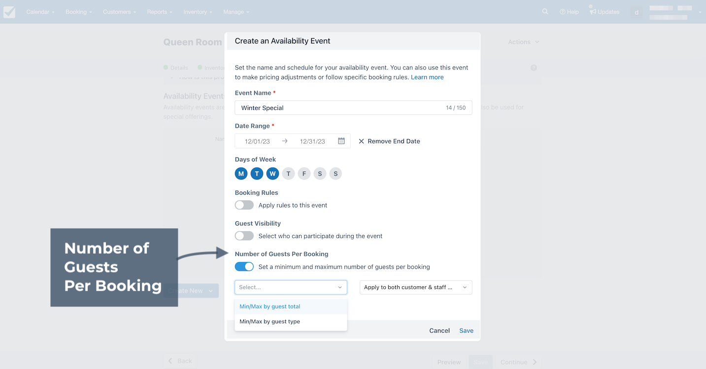 Enter the number of Guests per Booking