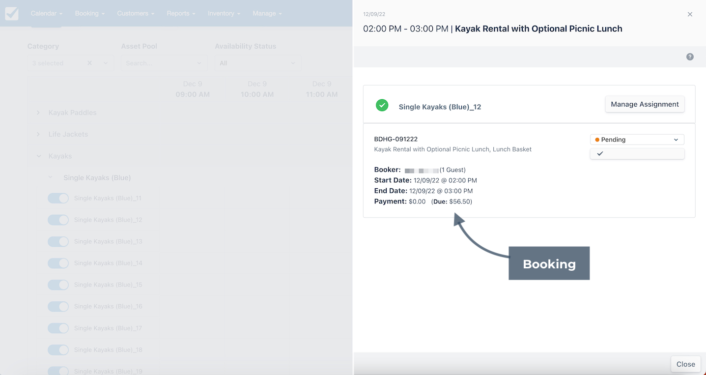 Asset Calendar Side Panel Booking