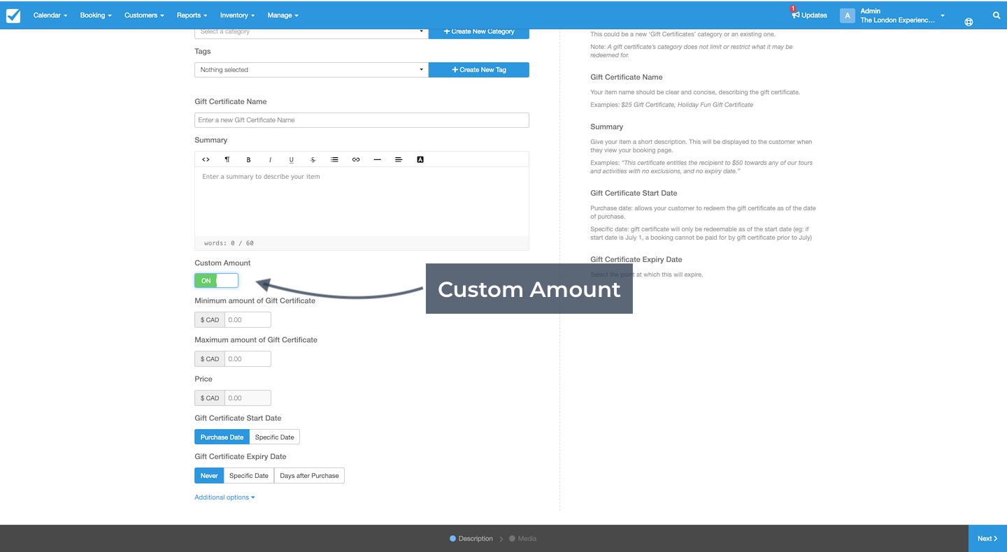 Gift certificate template builder interface in Checkfront showing fields for category, name, summary, price, start date, and expiry date setup.
