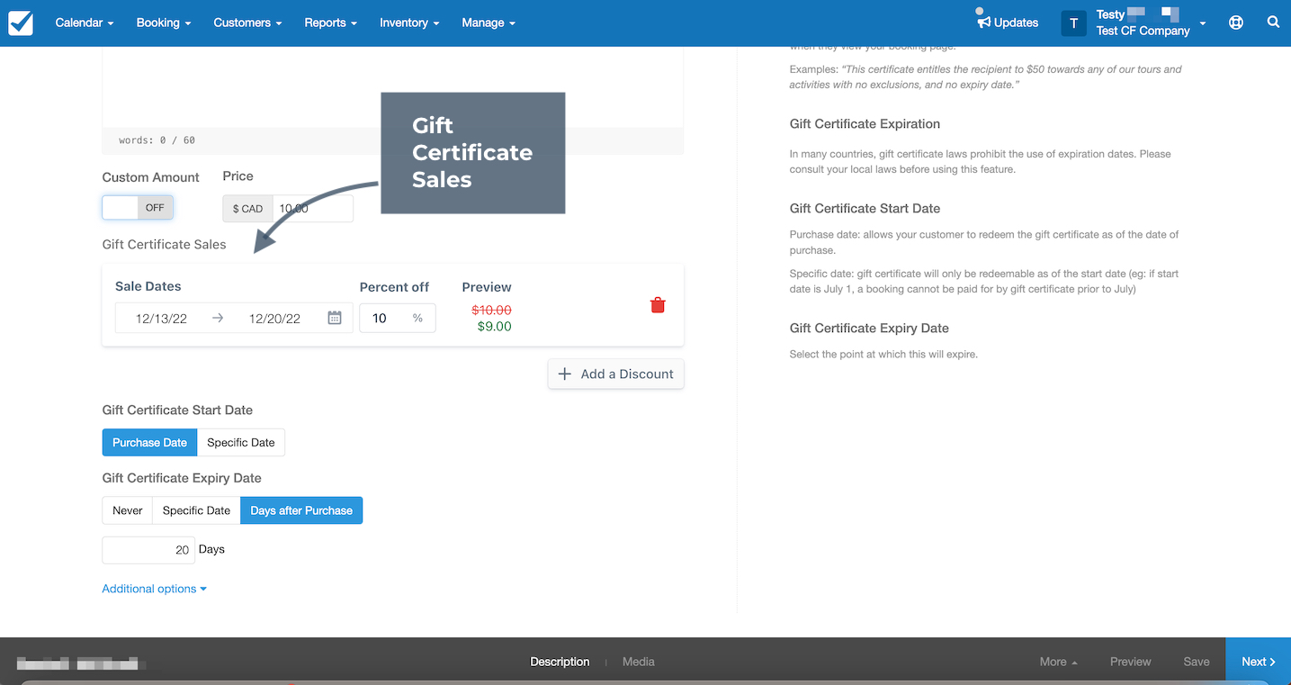 Gift certificate setup screen in Checkfront with custom amount option enabled and minimum and maximum value fields displayed.