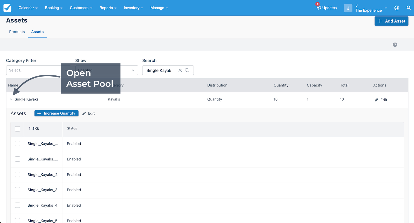 Assets page with Single Kayaks asset pool expanded to show individual SKUs and controls to increase quantity or edit.