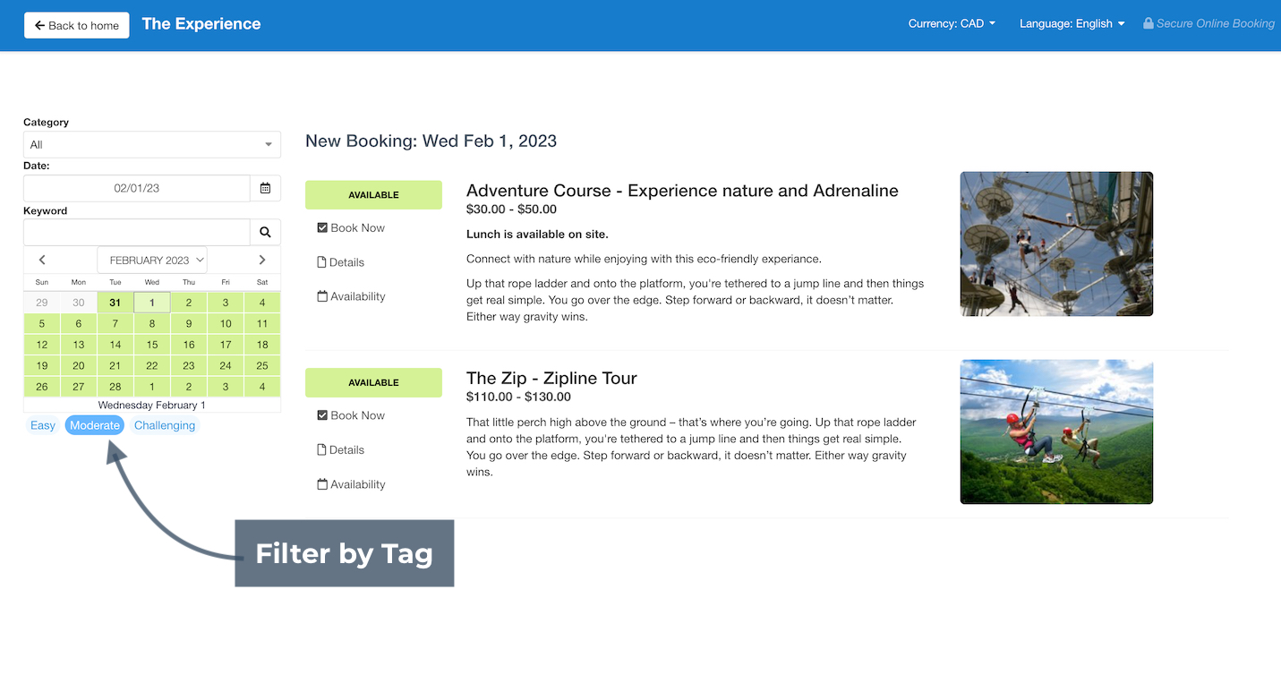 Customer booking page showing available tours filtered by tag with an arrow pointing to the selected Moderate tag.