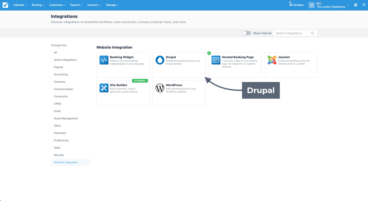 Integrations page in Checkfront dashboard showing website integration options with an arrow pointing to Drupal.