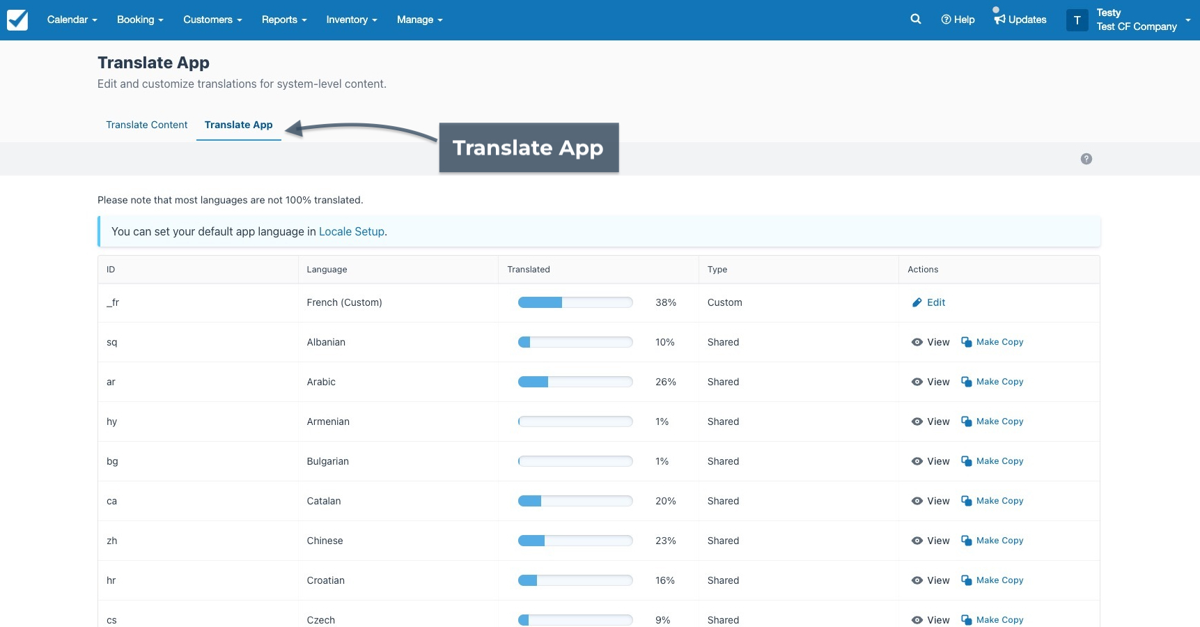 The Translate App page displays language translation progress with the Translate App tab selected.