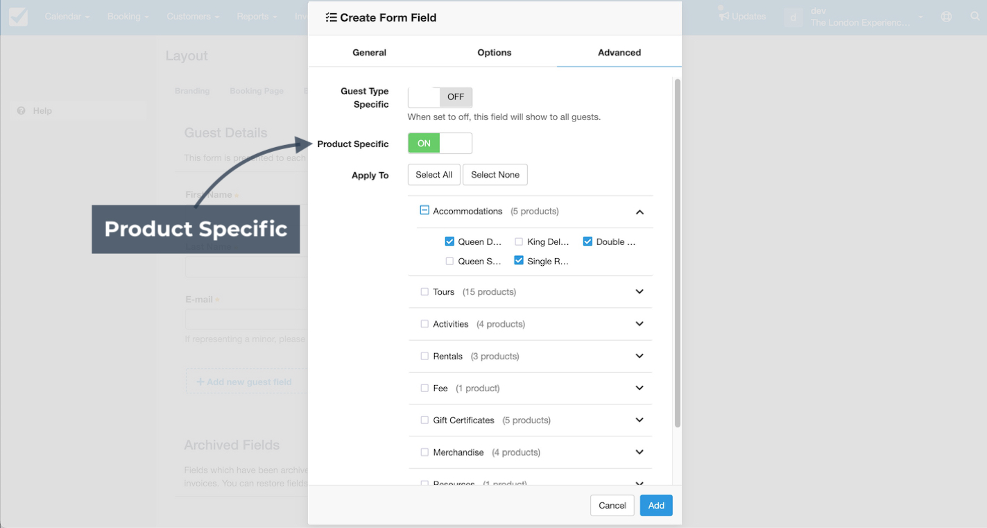 Create form field with product specific option enabled to apply the field to selected products like accommodations, tours, or rentals.