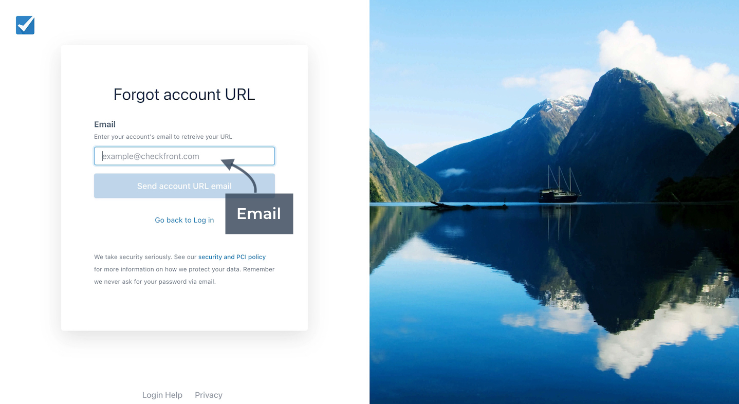 Checkfront forgot account URL page with email entry field highlighted by an arrow.