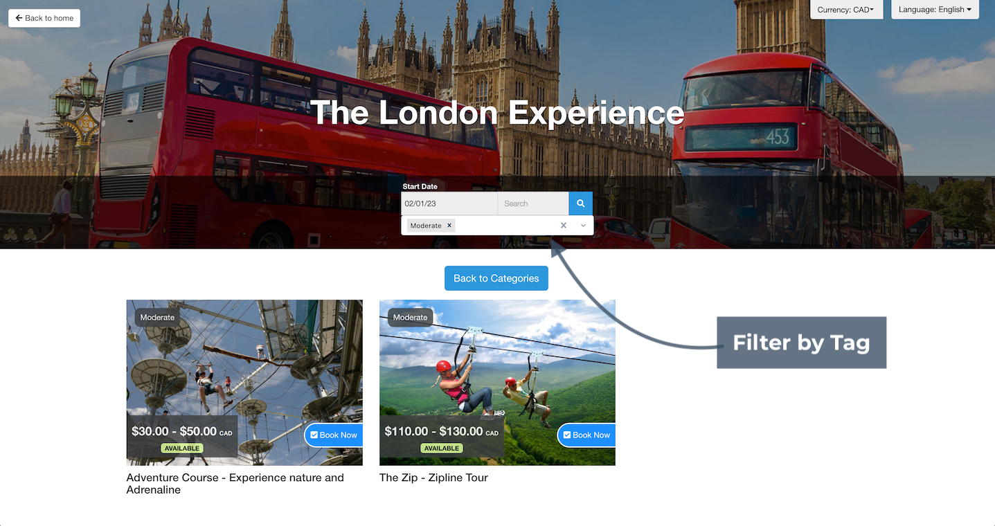The London Experience booking site with search filters and Moderate tag selected for tour results.