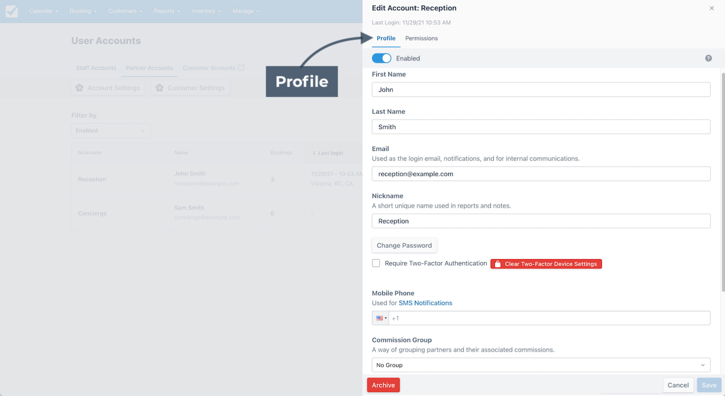 The profile tab in the Edit Account window displays fields for name, email, nickname, and security options.
