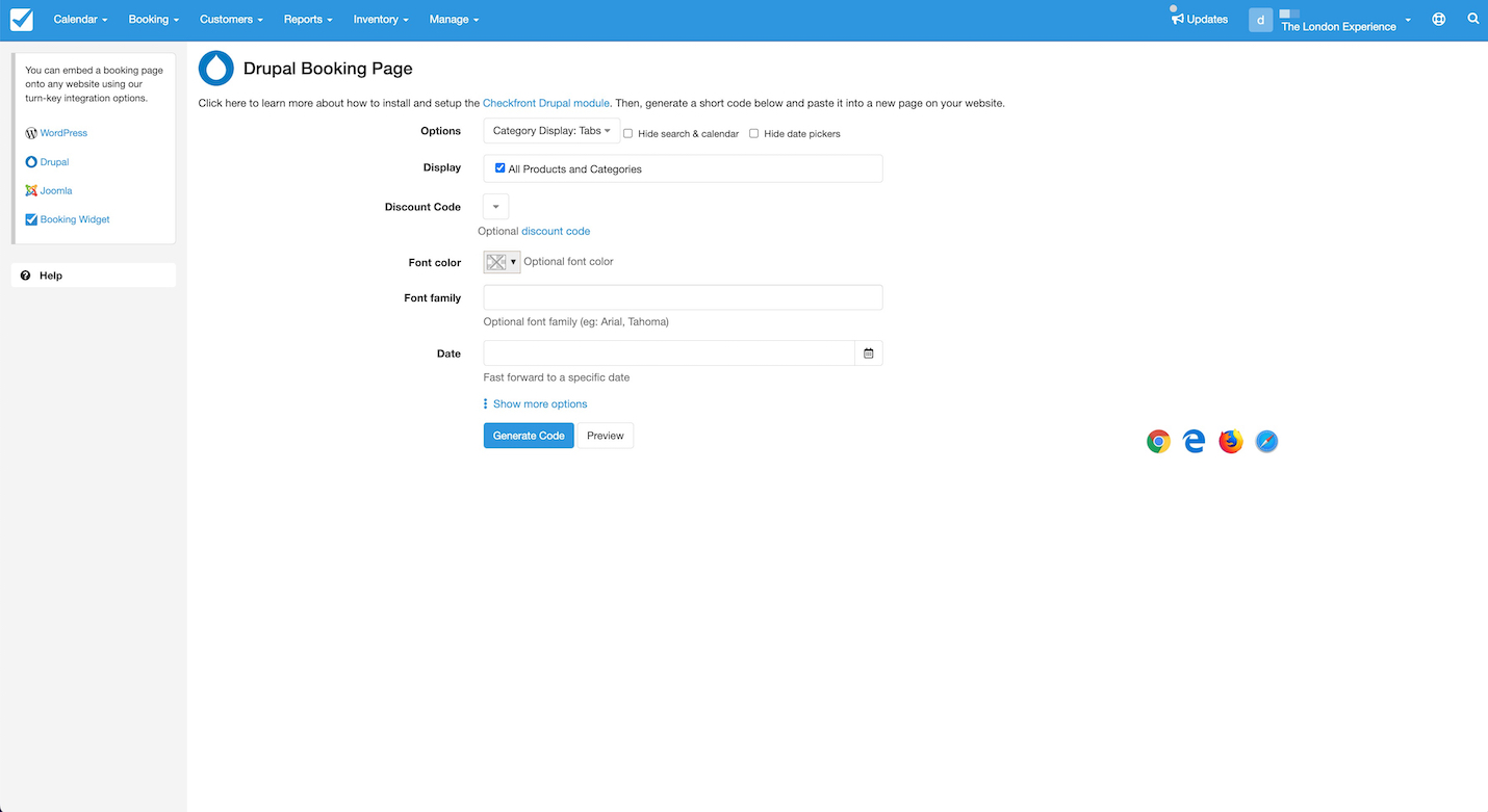 Drupal Booking Page setup screen in Checkfront with options for display, discount code, font customization, and date selection.