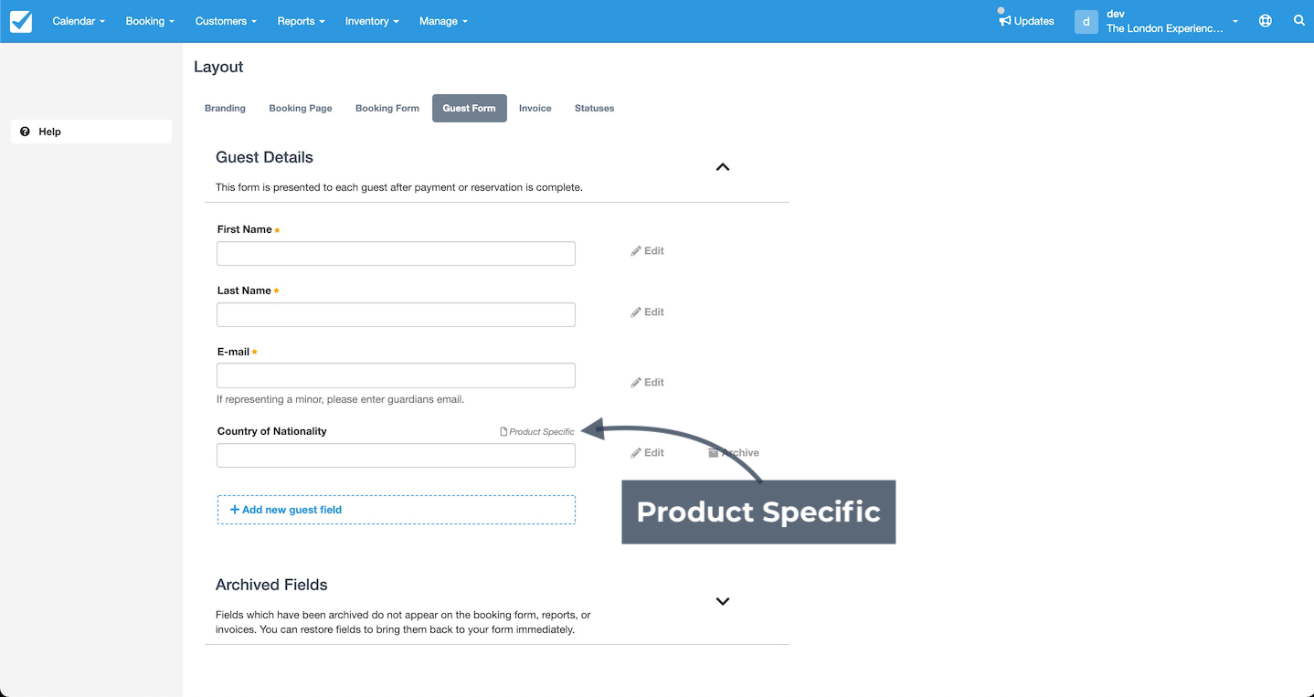 Guest details form showing a nationality field marked as product specific.