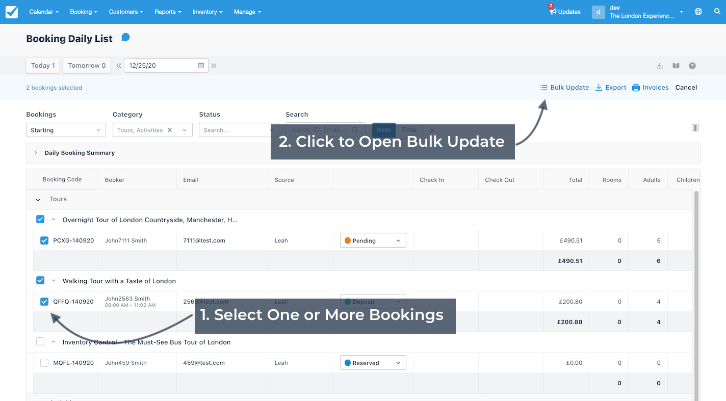 Booking daily list view showing arrows that instruct to select one or more bookings and click bulk update.