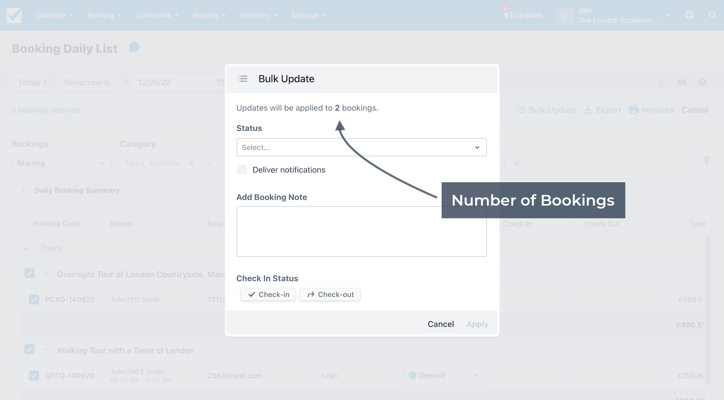 Booking daily list bulk update with an arrow highlighting the number of bookings selected.