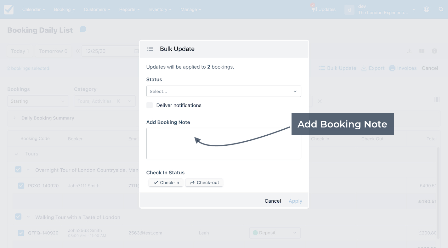 Booking daily list bulk update with an arrow pointing to the add booking note field.