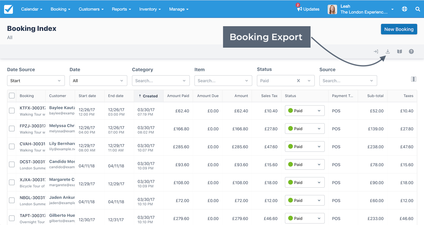 Booking Index screen with the Booking Export button highlighted for downloading booking records.